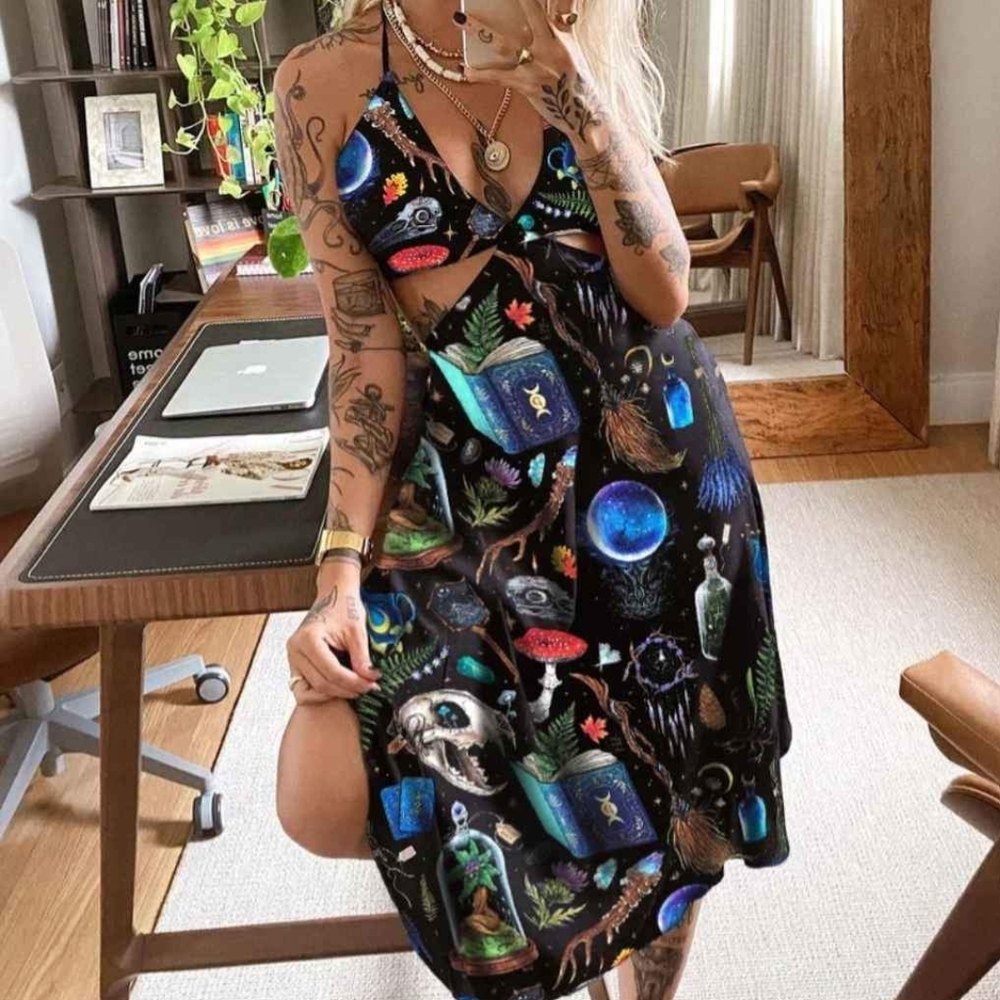 Blue Cosmic Halter Backless Dress